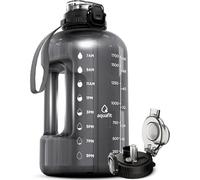 AQUAFIT 2 Litre Water Bottle with Straw - Water Bottles 2L with Time Marker - Half Gallon Big Bottle with Straw - Large Bottle For Gym - Grey, 2-in-1 Lid