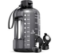 AQUAFIT 4 Litre Water Bottle with Straw - Water Bottle 4L with Time Marker - One Gallon Big Bottle with Straw - Large Bottle For Gym - 2 Lids, Grey