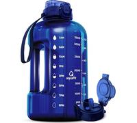 AQUAFIT 4 Litre Water Bottle with Straw - Water Bottle 4L with Time Marker - One Gallon Big Bottle with Straw - Large Bottle For Gym - 2-in-1 Lid, Dark Blue
