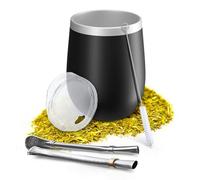 Aquafloow Double-Walled Yerba Mate Mug 350 ml + 2 Pieces Bombilla Steel Straws, Yerba Mate Cup | BPA-Free Lid, Stainless Steel Tea Set for Yerba Tea, Coffee, Milk and Juice - Black