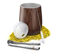 Aquafloow Double-Walled Yerba Mate Mug 350 ml + 2 Pieces Bombilla Steel Straws, Yerba Mate Cup | BPA-Free Lid, Stainless Steel Tea Set for Yerba Tea, Coffee, Milk and Juice - Brown