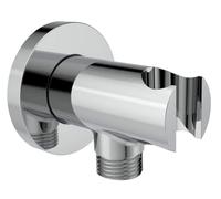 Aquaiaw Wall Supply Elbow with O-Ring Flange, All Solid Brass Wall Union with Handshower Holder, Round Wall Supply Elbow W/Hand Shower bracket, Polished Chrome, 1/2 NPT Female Inlet, G1/2 Male Outlet