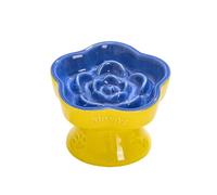 Aquainno Ceramic Raised Slow Feeder Cat Bowl, Elevated Tilted Anti-Vomiting Pet Bowl for Cats & Small Dogs - Cute Flower Design, Non-Slip Base, Shallow Wide Dish for Dry/Wet Food (Blue, 5.8 Inch)