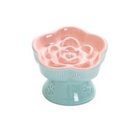 Aquainno Ceramic Raised Slow Feeder Cat Bowl, Elevated Tilted Anti-Vomiting Pet Bowl for Cats & Small Dogs - Cute Flower Design, Non-Slip Base, Shallow Wide Dish for Dry/Wet Food (Pink, 5.8 Inch)