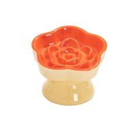 Aquainno Ceramic Raised Slow Feeder Cat Bowl, Elevated Tilted Anti-Vomiting Pet Bowl for Cats & Small Dogs - Cute Flower Design, Non-Slip Base, Shallow Wide Dish for Dry/Wet Food (Orange, 5.8 Inch)