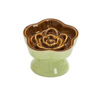 Aquainno Ceramic Raised Slow Feeder Cat Bowl, Elevated Tilted Anti-Vomiting Pet Bowl for Cats & Small Dogs - Cute Flower Design, Non-Slip Base, Shallow Wide Dish for Dry/Wet Food (Coffee, 5.8 Inch)