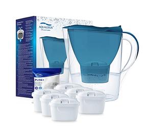 Aqualogis Harmony 2.6L Fridge Water Filter Jug for Reduction of Microplastics, Scale, Chlorine, Taste and Odor, BPA Free (Including 6 Pure+ Cartridges) Blue