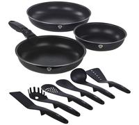 (Aquamarine, 4 Pc Frying Pan w/ 6 Tools) Aluminium Induction Space Saving Cookware Saucepan Frying Pan Set Detachable Handle with Kitchen 6 Tools