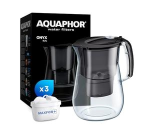 AQUAPHOR Onyx Black Water Filter Jug - Counter Top Design with 4.2L Capacity, 3 X MAXFOR+ Filters Included Reduces Limescale Chlorine & Microplastics Perfect for Families, Premium Quality Glass Effect