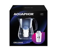 AQUAPHOR Orleans Water Filter Jug 4.2L, for reduction of limescale, Chlorine and other impurities, 1x A5 350 litre Added Magnesium Cartridge - Premium Water Filter jug in Glass effect. Black