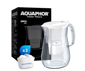AQUAPHOR Water filter jug Onyx White incl. 3 MAXFOR+ filters I Table top 4.2l Capacity I Reduces Limescale Chlorine, Microplastics and PFAS I Perfect for the family