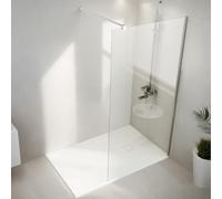 AQUARA Shower Screen with Shower Tray, 8mm Toughened Glass Shower Door with Support Bar, Reversible, 900mm Shower Glass with 1400 x 800mm Tray, Chrome with White