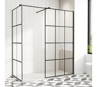 AQUARA Walk-in Shower Enclosure, 900mm x 800mm Shower Screen with 8mm Easy Clean Toughened Glass. Black Grid-Pattern Glass, Support Bar Included, Reversible