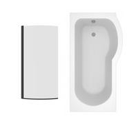 Aquariss 1500mm RH P Shape Shower Bath + Front Panel + Black Shower Screen