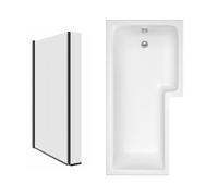 Aquariss 1700 x 850mm Right Handed L Shape Bath Bathtub with 810mm Black Bath Screen & Fixed Return Panel
