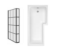 Aquariss 1700 x 850mm Right Handed L Shape Bath Bathtub with 810mm Black Grid Bath Screen & Fixed Return Panel