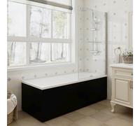 Aquariss 1700x700mm Bathroom Square Shower Bath Acrylic Straight Single Ended Soaking Bathtub Adjustable Feet + Matt Black Front & End Bath Panel + 800x1400mm Chrome Square Bath Screen & Towel Rail