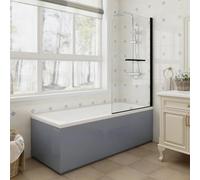 Aquariss 1700x700mm Designer Square Shower Bath Acrylic Straight Single Ended Soaking Bathtub Adjustable Feet + Gloss Grey Front & End Bath Panel + 800x1400mm Black Round Bath Screen & Towel Rail