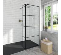 Aquariss 760mm Wet Room Black Grid 8mm Self Clean Shower Screen Panel Walk in Shower Enclosure with 300mm Flipper Panel, 1500x700mm Black Tray and Waste