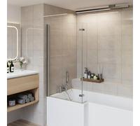 Aquariss 810 x 1400mm L-Shaped Bath Screen with Hinged Return Panel Chrome | Wetroom, Small Bathroom Over Bath Pivot Shower Screen Glass Panel, 6mm Easy Clean Toughened Glass, Reversible