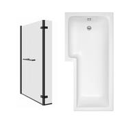 Aquariss Acrylic L-Shape Bath with Black Bifold Screen and Towel Rail, Left Handed, 1700 x 850mm, Contemporary, White Finish