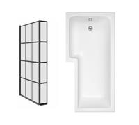 Aquariss Acrylic L-Shape Bath with Black Grid Screen and Fixed Return Panel, 1700 x 850mm, Contemporary, White Finish, Freestanding