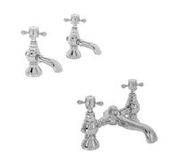 Aquariss Traditional Bathroom Brass Dual Pillar Basin & Bath Tap Faucet Pack Chrome