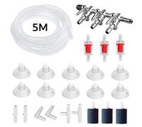 Aquarium Air Flow Control 24 in 1 Kit, including 3-Way Air Valve Distributors, 5M Airline Tube Hose, 3 Non-return Check Valves, 3 Air Bubble Stone, 10 Suction Cups & 6 Connectors for Fish Tank Pumps