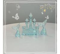 Aquarium Castle Decor with Mermaid Tails - 3-Piece Fish Tank Decoration Set for Betta, Goldfish, Terrarium or Desktop (Blue - Castle with Mermaid Tails)