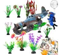 Aquarium Decor Set, Fish Tank Accessories Large Size Betta Fish Hideout Cave Resin Sunken Plane Ornament with 10 Artificial Aquatic Plants 30-40 Seashells, 1 Floating Diver