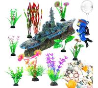 Aquarium Decor Set, Fish Tank Accessories Large Size Resin Sunken Warship Ornament Betta Fish Hideout Cave with 10 Artificial Aquatic Plants, 30-40 Seashells, 1 Floating Diver for Tank Shipwreck Decor