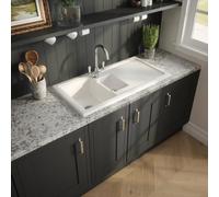 Aquarius Fireclay 1.5 Bowl Flat Top Countertop Kitchen Sink With 90mm Overflow Basket Drainer Waste Set 1010 X 525mm