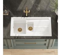 Aquarius Fireclay 1.5 Bowl Grooved Countertop Kitchen Sink With 90mm Overflow Basket Drainer Waste Set 1010 X 525mm
