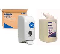 Aquarius Hand Cleanser Dispenser 6948 - 1 x White Wall Mounted Dispenser For Hand Wash + 1 x Kleenex, 6333, Frequent Use Hand Soap, Fragrance Free Hand Cleanser, Clear, 1 x 1 Litre Refill Cassettes