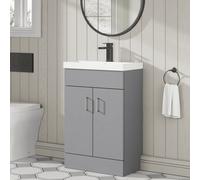 Aquarius Hoban 550mm Compact Floor Standing 2 Door Cloakroom Vanity Unit With 1 Tap Hole Basin In Satin Grey