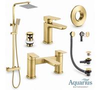 Aquarius Hydro Complete Shower Brassware Pack With Basin Mixer, Bath Mixer & Round Exposed Shower In Brushed Brass
