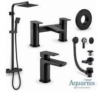 Aquarius Hydro Complete Shower Brassware Pack With Basin Mixer, Bath Mixer & Round Exposed Shower In Matt Black