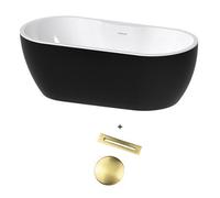Aquarius Luxor Freestanding Soaking Bath Tub 1650 X 745mm Gloss Black Inc Brushed Brass Waste