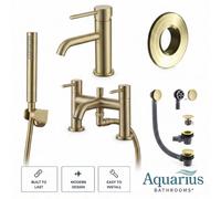 Aquarius Rf-Series Complete Bath And Basin Brassware Pack With Basin Tap, Bath And Shower Mixer And Wastes In Brushed Brass