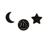 Aquarius Themed Gift Set Collection Of 3 Pin Badges Including A Black Studded Crescent Moon, Aquarius Zodiac Star Sign And A Star