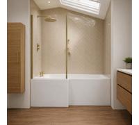 Aquarius Urbano L-Shape Square Shower Bath Pack With Screen And Panel In Brushed Brass - 1600mm - Left Handed