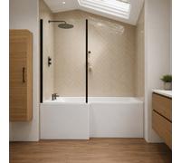 Aquarius Urbano L-Shape Square Shower Bath Pack With Screen And Panel In Matt Black - 1600mm - Left Handed
