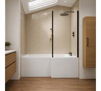 Aquarius Urbano L-Shape Square Shower Bath Pack With Screen And Panel In Matt Black - 1600mm - Right Handed