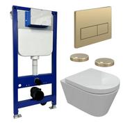 Aquarius Urbano Rimless Wall Hung Toilet Pack With Frame, Soft Closing Seat And Brushed Bronze Flush Plate With Rectangle Buttons
