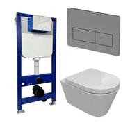 Aquarius Urbano Rimless Wall Hung Toilet Pack With Frame, Soft Closing Seat And Chrome Flush Plate With Rectangle Buttons
