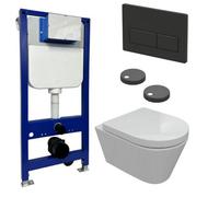 Aquarius Urbano Rimless Wall Hung Toilet Pack With Frame, Soft Closing Seat And Matt Black Flush Plate With Rectangle Buttons