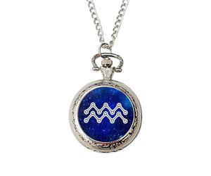 Aquarius Zodiac Pocket Watch - Silver Star Sign Watch with Starry Sky Design, Gift Boxed - Ideal Horoscope Gift for Men, Birthday or Christmas.