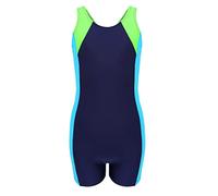 Aquarti Girls' One Piece Shorty Swimsuit Child, Dark Blue/Neon Green/Light Blue, 152