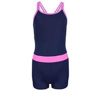 Aquarti Girls' One Piece Shorty Swimsuit, Dark Blue/Pink, 152
