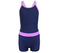 Aquarti Girls' One Piece Shorty Swimsuit, Dark Blue/Purple, 146